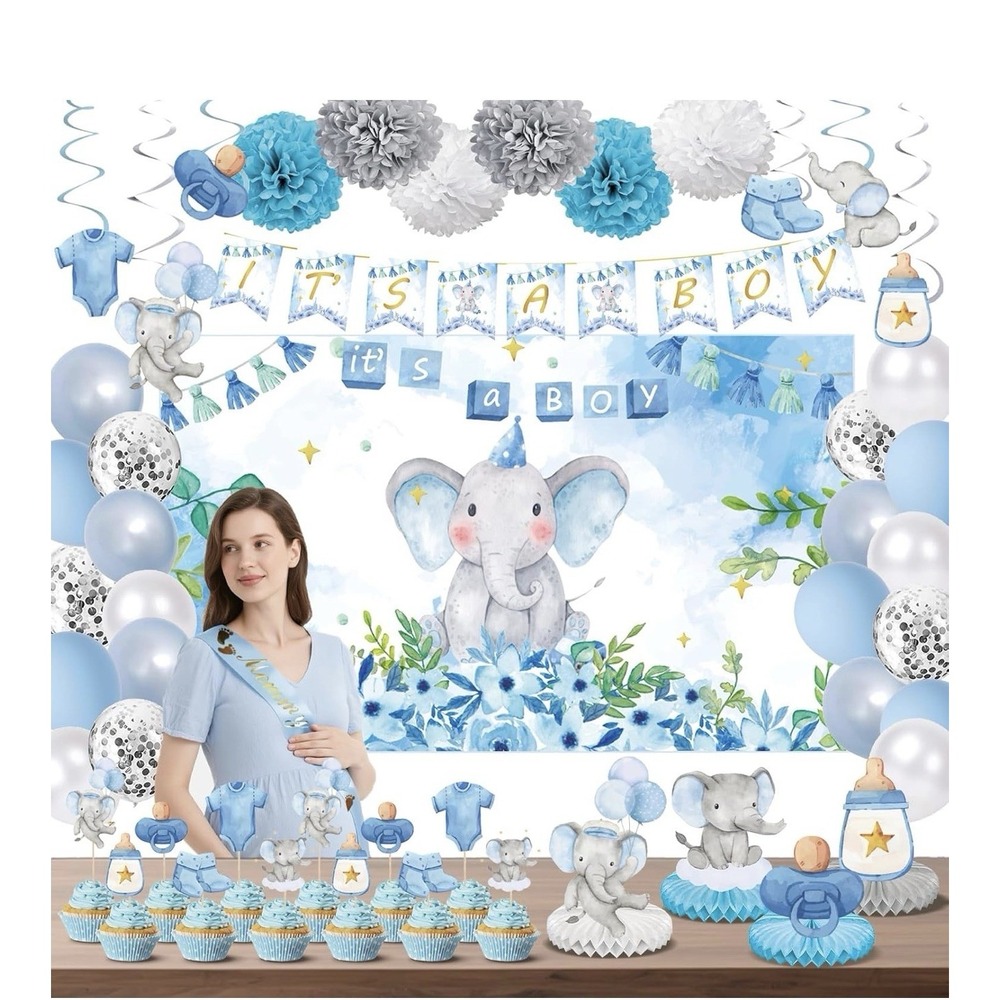 95 pc Elephant Baby Shower Decorations for Boy Blue Grey Floral Backdrop Banner